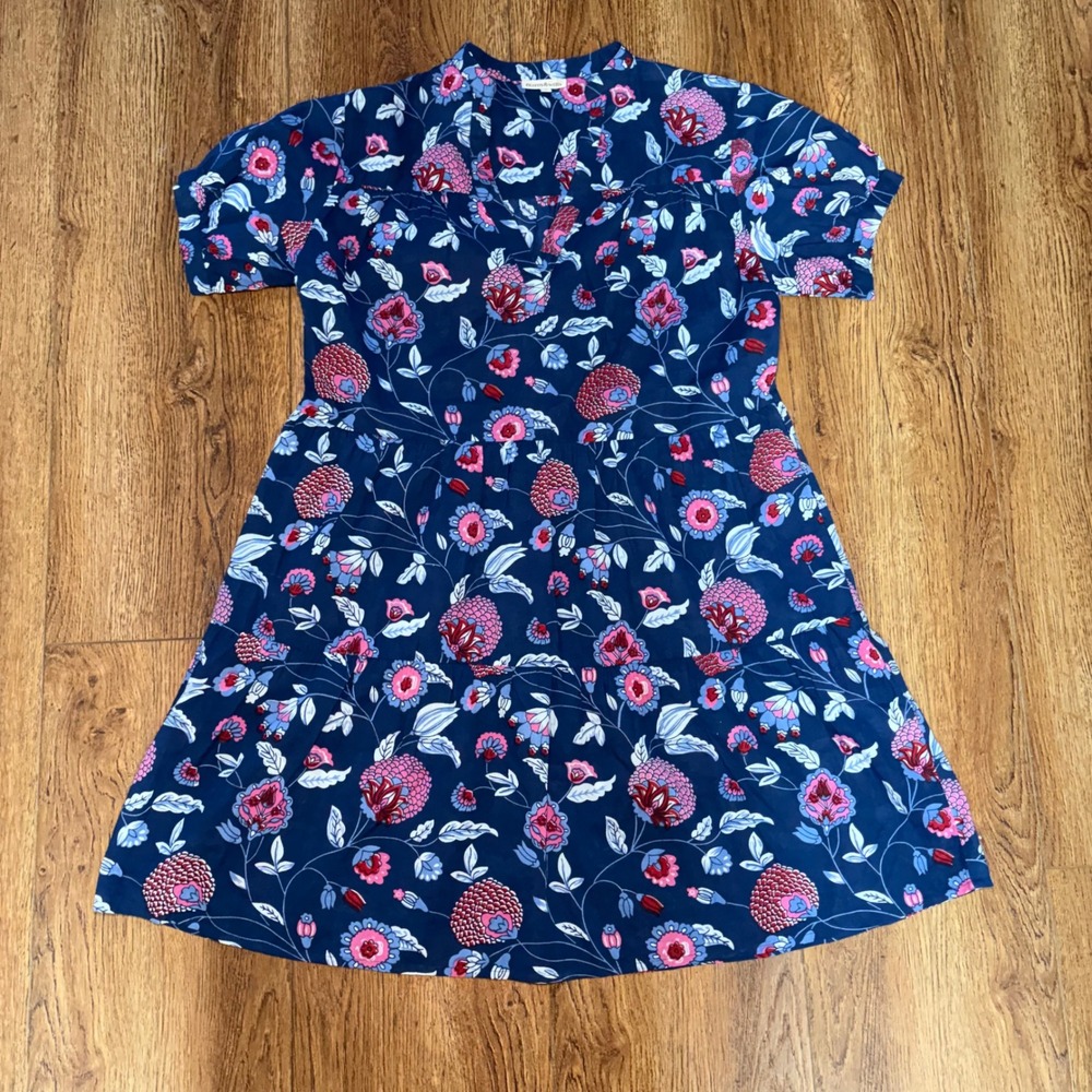 Fitzroy & Willa Navy Blue Floral Tiered Cotton Dress Womens S Boho Cottagecore
